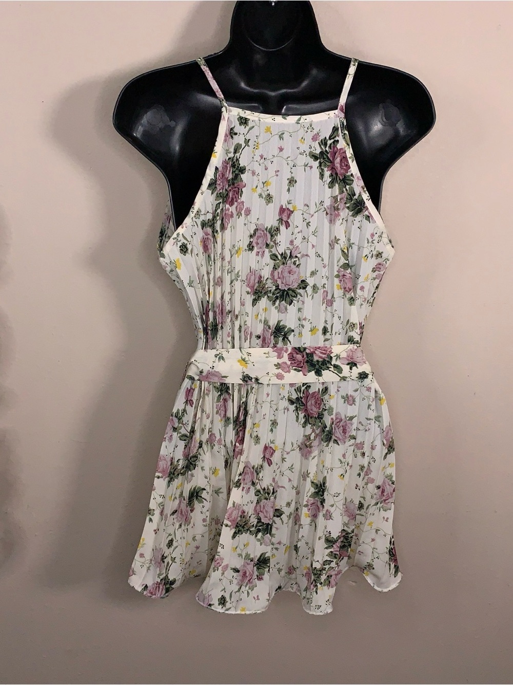 Ivory White Pink Rose Floral Pleated Tunic Blouse Square Neckline Size 6 - Picture 11 of 15